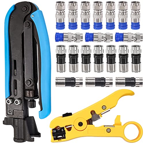 Taiss Coaxial Cable Compression Tool Kit,with 20 PCS F Style RG6 Compression connectors,Coaxial Cable Stripper,coax cable crimper,Coax Cable Crimper Tool Kit