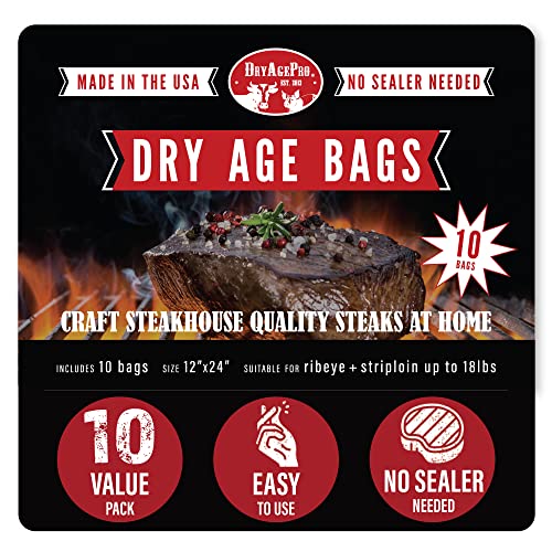 DryAgePro Dry Age Bags for Meat, Bag Size 12 x 24 for Ribeye Steak and Strip loin up to 18 lbs, Pack of 10, Craft Delicious Aged Beef at Home, No vacuum sealer needed, Easy to Use Steak Aging Kit