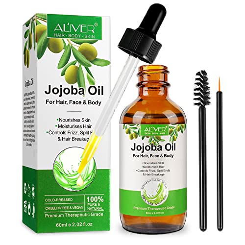 Jojoba Oil for Hair Growth, 100% Pure & Natural - Cold Pressed Unrefined Jojoba Essential Oil for Skin & Nails, Nourish the Scalp, Dry Skin Relief, Makeup Remover, Improve Blood Circulation, Body Moisturizer-2.02fl.oz