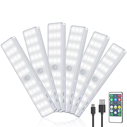 LED Closet Light, 6 Pack 30LEDs Dimmer USB Rechargeable Motion Sensor Light Under Cabinet Lighting with Remote Control, Wireless Stick-Anywhere Night Safe Light Bar for Wardrobe, Kitchen