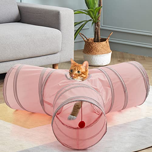 SunStyle Home Cat Tunnels for Indoor Cats 3 Way Play Toy Kitty Tunnel Peek Hole Toy with Ball for Cat Tube Fun for Rabbits Kittens and Dogs (3Way, Pink)