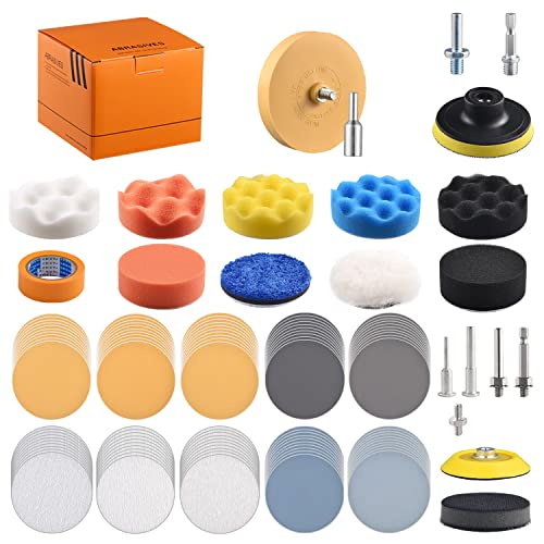 Tshya 3 inch Drill Polishing Kit Buffer Sanding Attachment Car Head Light Restore Pads with Eraser Wheel Waterproof Sanding Discs Include 240-5000# Total 122 Pack