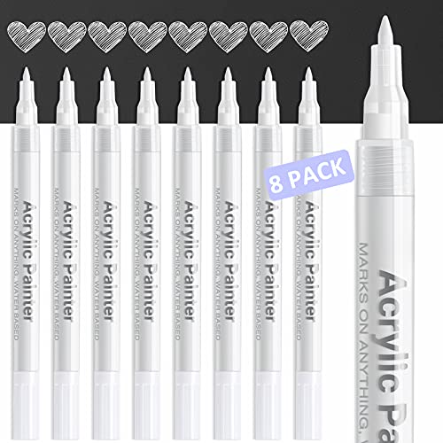 White Paint Pen Acrylic Marker: 8 Pack 0.7mm White Paint Marker for Metal, Art, Wood, Black Paper, Plastic, Ceramic, Metallic, Rock Painting, Drawing, Extra Fine Point, Ideal for Artist & Students