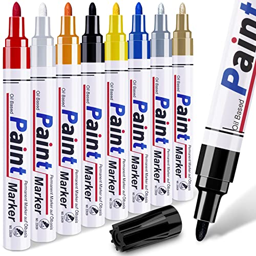 8 Colors Paint Pens Paint Markers - Permanent Oil Based Paint Markers for Metal Wood, Paint Pens for Fabric Paint Ceramic Plastic Canvas Rock Painting Glass Tire, Waterproof Craft Supplies for Adults