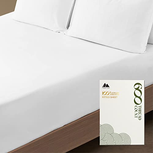 Premium Hotel Quality 1-Piece 100% Cotton Fitted Sheet, Luxury & Softest 600 Thread Count Egyptian Feel Sateen Weave Bottom Sheet, Deep Pocket up to 18 inch, Queen Size, White