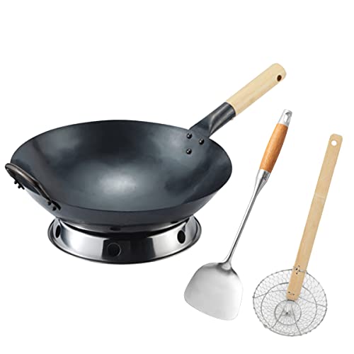 Letschef Preseasoned Carbon Steel Pow Wok Set, 14inch Woks and Stir Fry Pans Hand Hammered Chinese Wok Round Bottom with Ring, Spatulas, and Cooking Skimmer