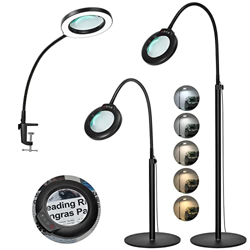 Veemagni 5X Stand Magnifying Glass with Light, 24" Flexible Gooseneck 5 Color Modes Stepless Dimmable Magnifying Floor Lamp, 3-in-1 Adjustable Lighted Magnifier Hands Free for Close Work, Esthetican