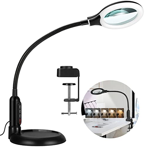 TOMSOO 5X Magnifying Glass with Light and Clamp, 5 Color Modes Stepless Dimmable Lighted Magnifier with Stand, Flexible Gooseneck LED Desk Lamp Hands Free for Craft Reading Painting Hobby Close Work