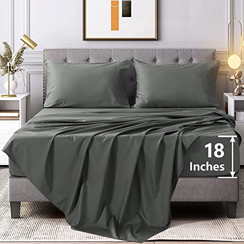 VERZEY 100% Cotton 18 Inch Deep Pocket Cotton Sheets for Queen Size Bed 4 Piece Cooling Bed Sheets Sets 400 Thread Count Sateen Weave (Grey, Queen)