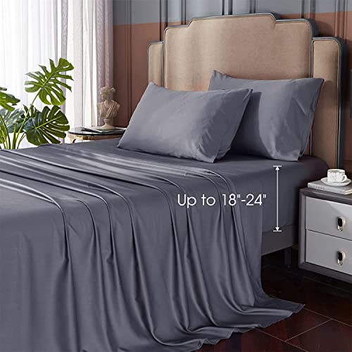 HYPREST Bamboo Sheets Queen Deep Pocket Fits 18"-24" Thick Mattress, 4 Pieces Grey Bed Sheets, Silky Soft Breathable Lightweight Luxury Bamboo Cooling Sheets, No Sweat & No Slip Bedding Sheets.
