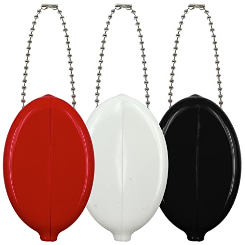 DEEZOMO 3 Pieces Rubber Coin Purse, 2 x 3 Inches Oval Squeeze Coin Holders With Chain for Women Men Travel (Max Red/White/Black 3 Pack)