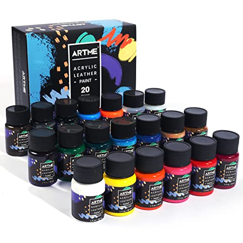 Artme Acrylic Leather Paint Set, 20 Colors x 30ml Acrylic Leather Dye Kit with Leather Preparer And Deglazer and Acrylic Finisher Perfect for Shoes, Sneakers, Jackets, Leather Sofa, and Car Seat