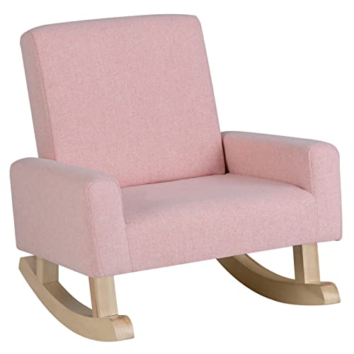 Kids Rocking Chair with Solid Wooden Frame, Anti-Tipping Design, Plush Fabric, Armchair for Nursery Kindergarten Playroom Preschool, Gift for Boys Girls (Pink)