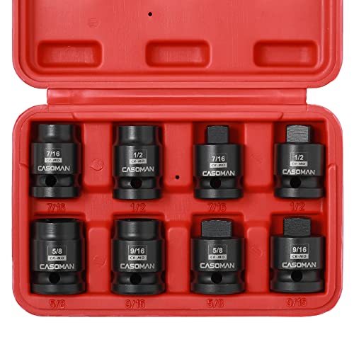 CASOMAN 8PCS 1/2-Inch Drive Pipe Plug Socket Set, Cr-Mo, SAE, Male/Female Set, 7/16", 1/2", 5/8", 9/16", Tapered Male Square Drive, Chamfered Female Square Drive