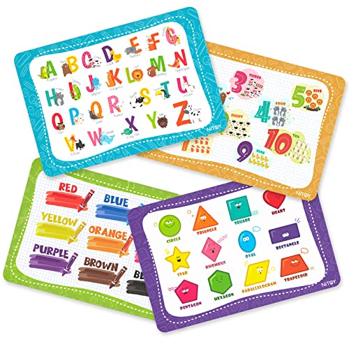 NiBaby Educational Placemats for Kids Reusable Wipeable - Toddler Placemats for Learning Alphabet ABC Color Number Shape - Kids Placemats for Dining Table Kindergarten - Set of 4