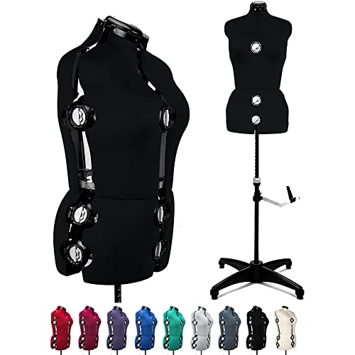 Black 13 Dials Female Fabric Adjustable Mannequin Dress Form for Sewing, Mannequin Body Torso with Stand, Up to 70" Shoulder Height. (Large)