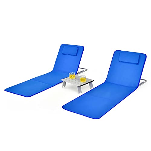 Giantex Beach Chairs for Adults 2 Pack Set with Side Table, Folding Lounge Chairs, 5 Position Adjustable Lawn Chair for Sunbathing, Patio Chaise Lounge Lightweight Backpack Camping Chairs (Navy)