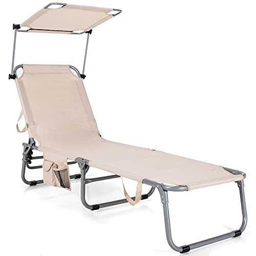 Giantex Outdoor Folding Chaise Lounge, Portable Reclining Chair with 5 Adjustable Positions, 360Rotatable Canopy Shade, Side Pocket, Patio Lounge Chair for Beach, Lawn Sunbathing Chair (1, Beige)