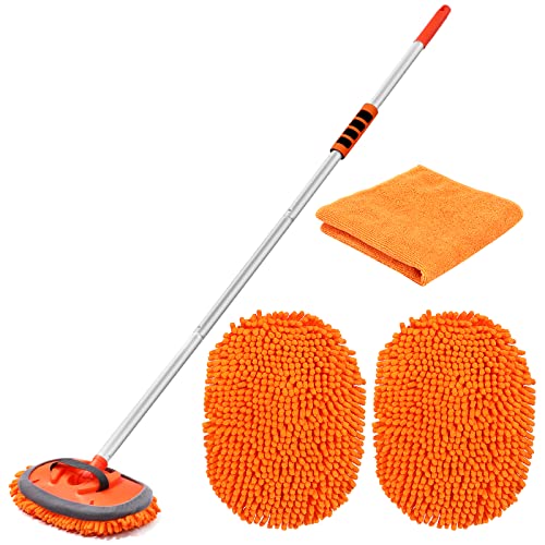 Lsyomne 62'' Car Wash Brush with Long Handle Car Wash Mop Mitt Chenille Microfiber Car Washing Brush Cleaning Kits Car Care Kits with Replacement Head, Microfiber Towels for Cars RV Truck Boat