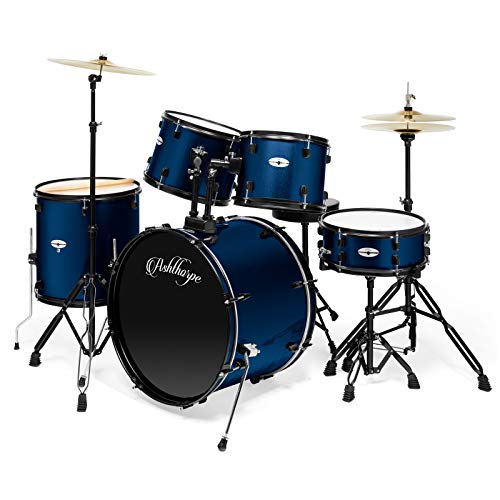 Ashthorpe 5-Piece Complete Full Size Adult Drum Set with Remo Batter Heads - Blue