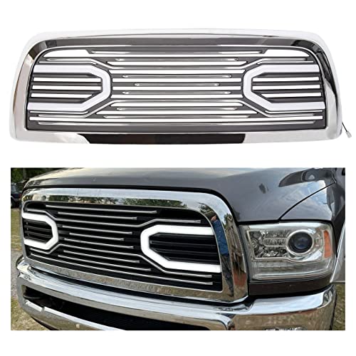 ECOTRIC Front Hood Bumper Grille Grill Compatible with 2010-2018 Dodge Ram 2500 3500 4500 Replacement Shell Big Horn Horizontal Style - Chrome with Lights