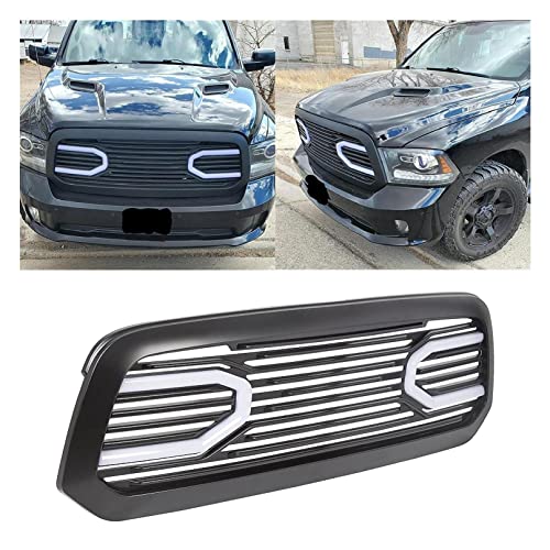 ECOTRIC Front Replacement Shell Grille Compatible With 2013-2018 Dodge RAM 1500 (W/Light) Black Big Horn Grill