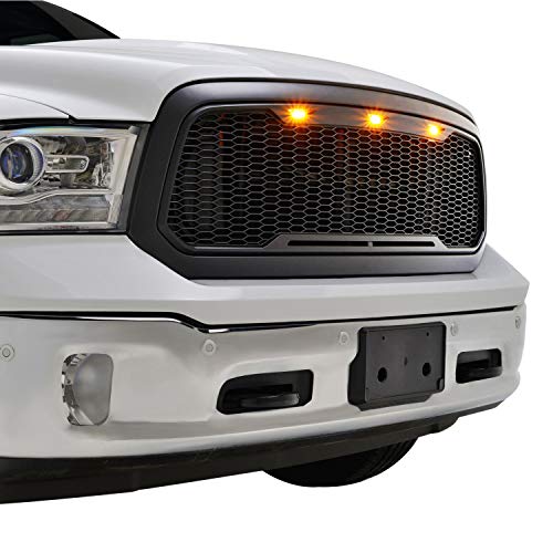 EAG Replacement Front Grille Upper Grill - Matte Black - with Amber LED Lights Fit for 13-18 Ram 1500