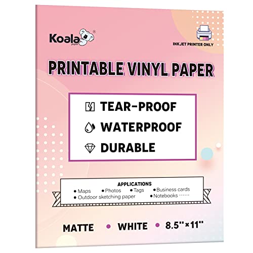 Koala Printable Waterproof Paper for Inkjet Printer, 8.5x11 In 30 Sheets Matte White Vinyl Printer Paper, Non-Tearable, Durable, Quick Drying