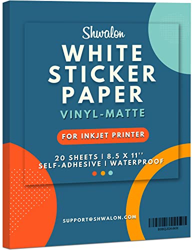 SHWALON 20 Sheets White Vinyl Printable Sticker Paper for Inkjet Printer - A4 (8.5" x 11") Matte, 80 GSM Inkjet Sticker Paper Waterproof, DIY Cricut Sticker Paper Printable, Waterproof Sticker Paper