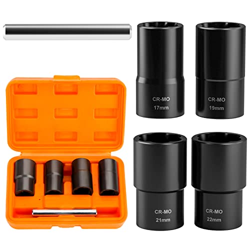 Dynofit 5-Piece Twist Socket Set 1/2" Drive Impact Extractor Tool For removing Rust Deformation Peeling And Breaking Lug Nut/Wheel Bolt Metric 17mm 19mm 21mm 22mm With Drift Punch Nut Removal Bar