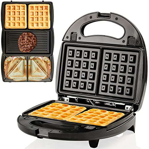 Ovente Electric Indoor Sandwich Grill and Waffle Maker Set with 3 Removable Non-Stick Plates, 750W Kitchen Essentials Perfect for Breakfast Sandwiches Grilled Cheese Bacon and Steak, Black GPI302B