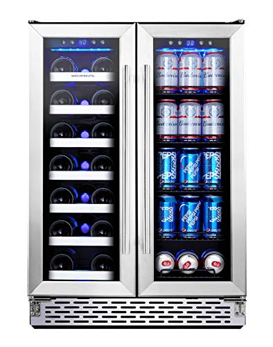 Phiestina Wine Cooler Beverage Refrigerator, 24 Beer Wine Fridge with Dual-Zone Digital Temperature Control, Glass Front Doors and Interior Lighting Holds 20 Bottles and 72 Cans on Removable Shelves