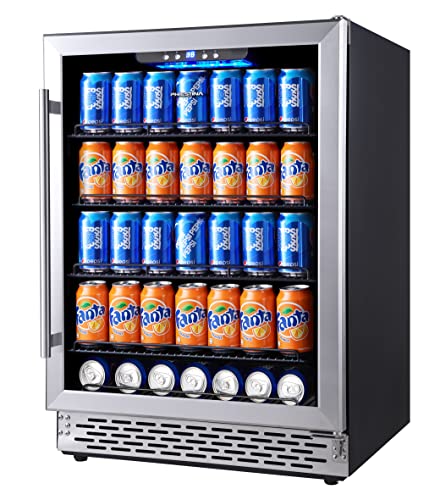 Phiestina 24 Inch Beverage Cooler Refrigerator - 175 Can Built-in or Free Standing Beverage Fridge with Glass Door for Soda Beer or Wine - Drink Fridge For Home Bar or Office