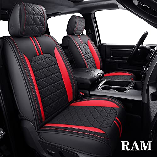 YIERTAI Dodge RAM Seat Covers fit for 2009-2023 1500HD 2010-2023 2500/3500HD Limited Laramie Big Horn Crew Double Cab Quad Cab Waterproof Leather Truck Seat Covers(5 PCS Full Set/Black-Red)