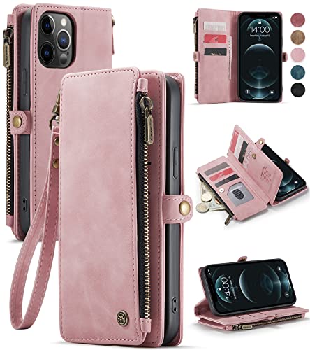 Defencase for iPhone 12 Pro Max Case, iPhone 12 Pro Max Case Wallet for Women, Durable PU Leather Magnetic Flip Lanyard Strap Wristlet Zipper Card Holder Phone Cases for iPhone 12 Pro Max, Rose Pink