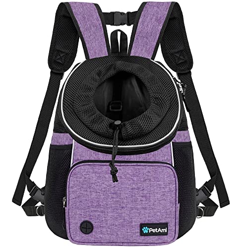 PetAmi Dog Front Carrier Backpack, Adjustable Dog Pet Cat Chest Carrier Backpack, Ventilated Dog Carrier for Hiking Camping Travel, Small Medium Dog Puppy Large Cat Carrying Bag, Max 15 lbs, Purple