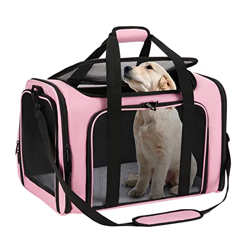 Dog Carrier Airline Approved, Zbrivier Large Cat Carrier for Medium Cats Under 25, Durable Large Pet Carrier for Cats Dogs with Upgrade Lockable Zippers and Fleece Pad-Large, Pink