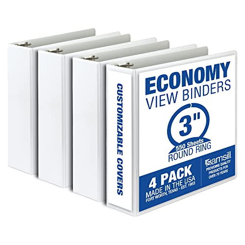 Samsill Economy 3 Inch 3 Ring Binder, Made in The USA, Round Ring Binder, Customizable Clear View Cover, White, 4 Pack (MP48587)