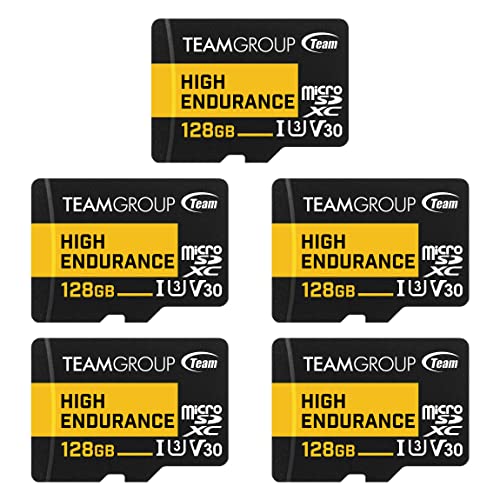 TEAMGROUP HIGH Endurance 128GB 5 Pack Micro SDXC UHS-I U3 V30 100MB/s Designed for Monitoring Stable Durable Long Lasting Flash Memory Card Security Camera 4K&Full HD Video Recording THUSDX128GIV3068