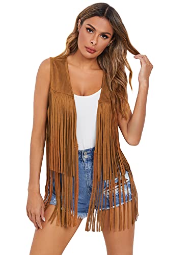 Verdusa Women's Tassel Sleeveless Vest 70s Hippie Faux Suede Fringe Jacket Cardigan Brown XL