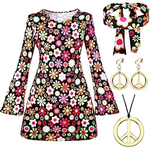 Haysandy 70s 80s Women Hippie Costume Set Disco Outfit Women Peace Sign Earring Necklace Headband Dress for Halloween Cosplay (XXLarge)