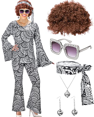 Jexine 70s Women's Disco Costume Set Lady Disco Party Top Pants Sunglasses Disco Ball Necklace Earring Explosive Wig (Paisley Style, Large)