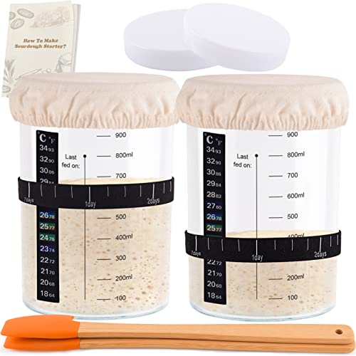 Sourdough Starter Kit, 1000ML Sourdough Starter Jar 2 Pack With Thermometer, Sourdough Jar Scraper, Sourdough Container Sewn Cloth Cover & Lid, Reusable Sourdough Jar Kit, Use for Home Bakery