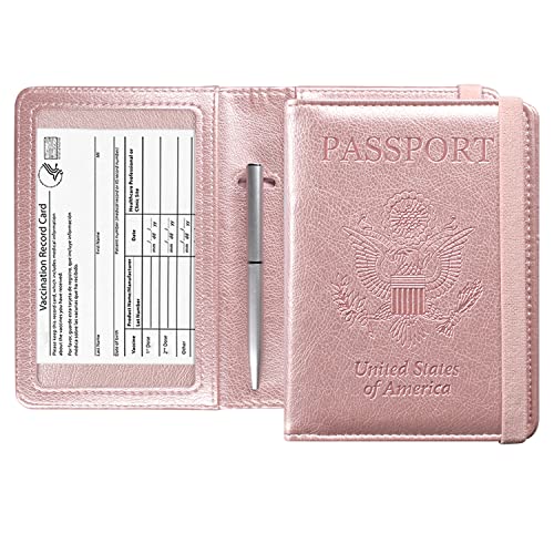 ACdream Passport and Vaccine Card Holder Combo, Cover Case with CDC Vaccination Card Slot, Leather Travel Documents Organizer Protector, with RFID Blocking, for Women and Men, Rose Gold