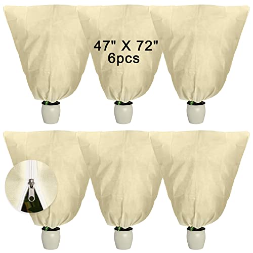 Coume 6 Pcs Plant Covers Freeze Protection 47 x 72 Inch Large Tree Warm Blanket Reusable Frost Cloth with Drawstring Zipper Cover Bag for Winter Outdoor Cold Weather, White