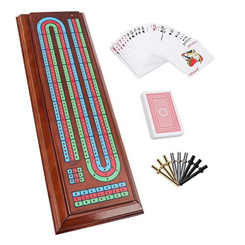 GSE Multi-Color 3-Track Wooden Cribbage Board Game Box with 2 Deck Playing Cards, 9 Metal Pegs and Storage Drawer, Wooden Three-Track Cribbage Board with Large Storage for Family Board Games