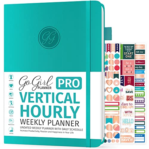 GoGirl Planner PRO Schedule - Undated Planner with Hourly Time Slots, Monthly, Weekly & Daily Organizer, Appointment Book for time Management, 7"x10" Hardcover, Lasts 1 Year - Turquoise