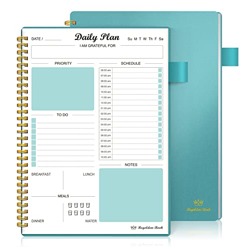 Daily Planner Undated, To Do List Notebook with Hourly Schedule Regolden-Book Calendars Meal, Spiral Appointment Organizers Notebook for Man/Women, Pocket,Pen Loop, 160 Pages (7x10")