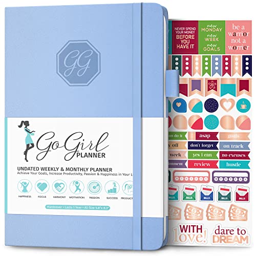 GoGirl Planner and Organizer for Women  A5 Size Weekly Planner, Goals Journal & Agenda to Improve Time Management, Productivity & Live Happier. Undated  Start Anytime, Lasts 1 Year  Light Blue