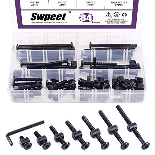 Swpeet 84Pcs Black M6  20/30/40/50/60/70/80mm Crib Hardware Screws Kit, Hex Socket Head Cap Crib Baby Bed Bolt and Barrel Nuts with 1 x Allen Wrench Perfect for Furniture, Cots, Crib Screws